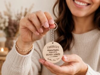 Porte-clé en bois gravé “Merci” – Cadeau maîtresse, maître ou nounou