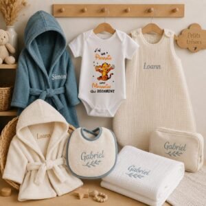 Textiles bébé personnalisés avec body, bavoir, cape de bain et gigoteuse