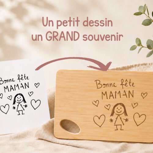 Planche apéro personnalisée avec dessin d’enfant gravé pour la fête des parents